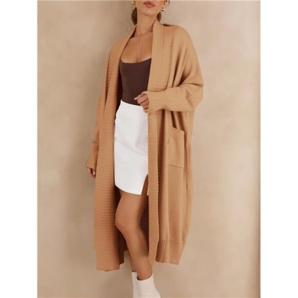 Womens Long Cardigan Sweaters with Pockets Khaki - Picture 5 of 5